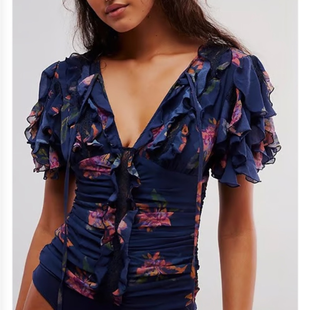 Free People Intimately blue and pink floral bodysuit, NWOT